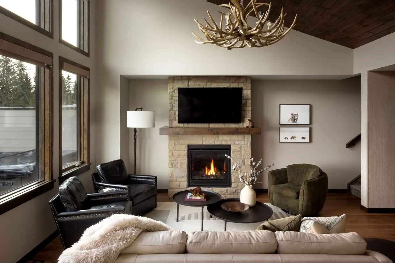 Living room with stone fireplace